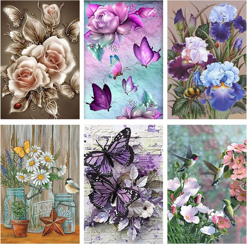 Diamond Painting Kits for Adults and Kids Beautiful set of 6: Flowers, nice Butterflies and Birds 12in x 16in Full Drill - Cozzzy Goods