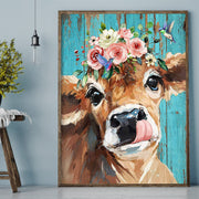 Diamond Art Kits for Adults and Kids Cute Baby Cow with Flower Crown 12in x 16in Full Drill - Cozzzy Goods